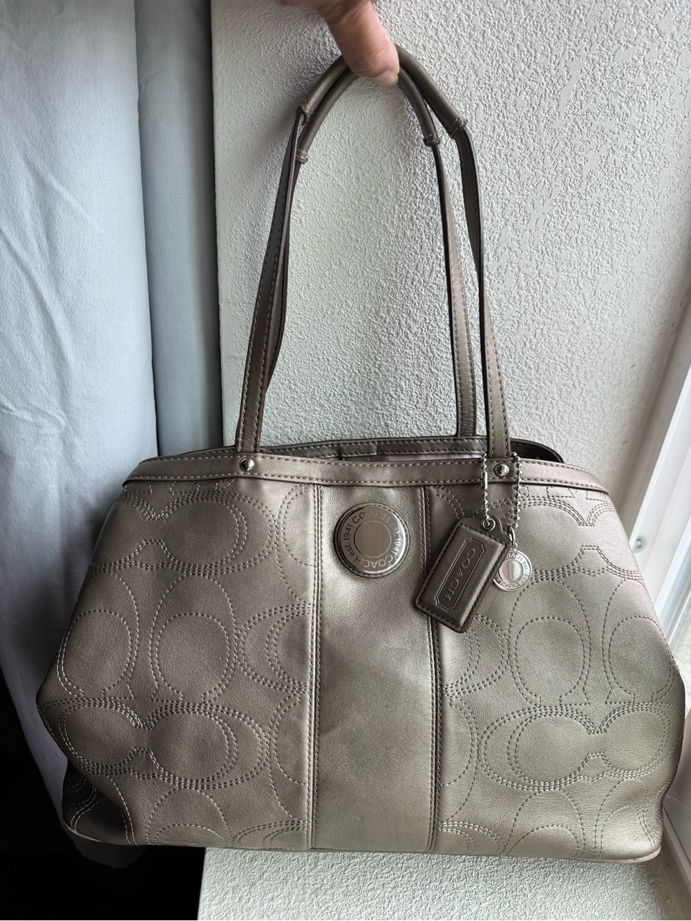 Coach Metallic Taupe/Pewter Logo Kisslock Tote Shoulder Bag